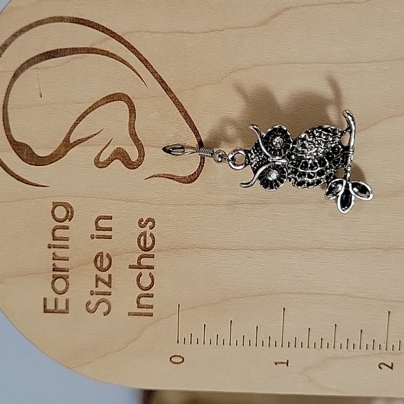 Owl Drop Earrings, oxidized, crystals - Picture 3 of 6